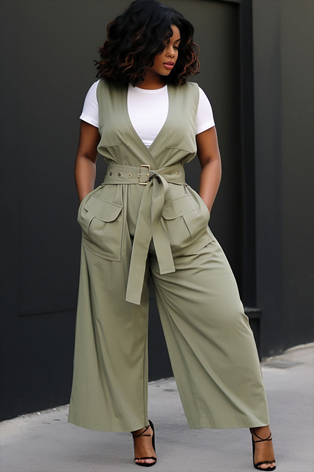 Plus Size Business Casual Green V Neck Wrap Pocket Jumpsuit Image