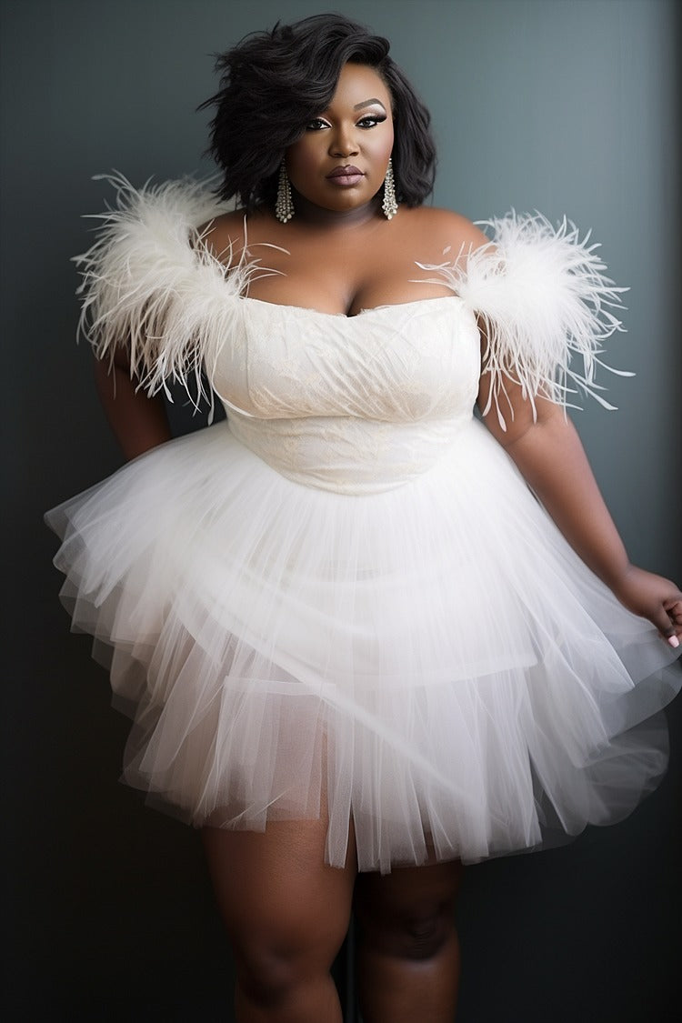 Plus Size Party Mini Dresses White Spring Summer Off The Shoulder Feather Tiered Tulle Mini Dress