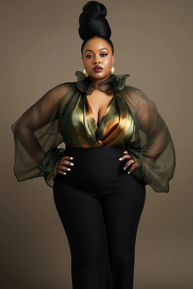 Plus Size Semi Formal Geometric V Neck Flare Long Sleeve Ruffle See Through Blouse Image