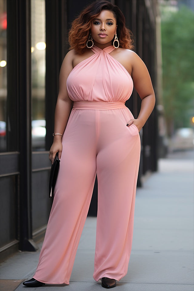 Plus Size Daily Pink Halter Collar Pocket Jumpsuit Image