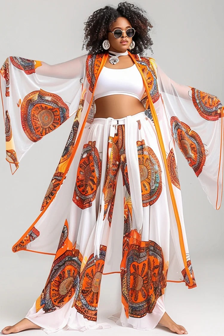 Plus Size Vacation White Chiffon Print Three-Piece Set Including Tube Top Wide-Leg Pants And Maxi Cardigan