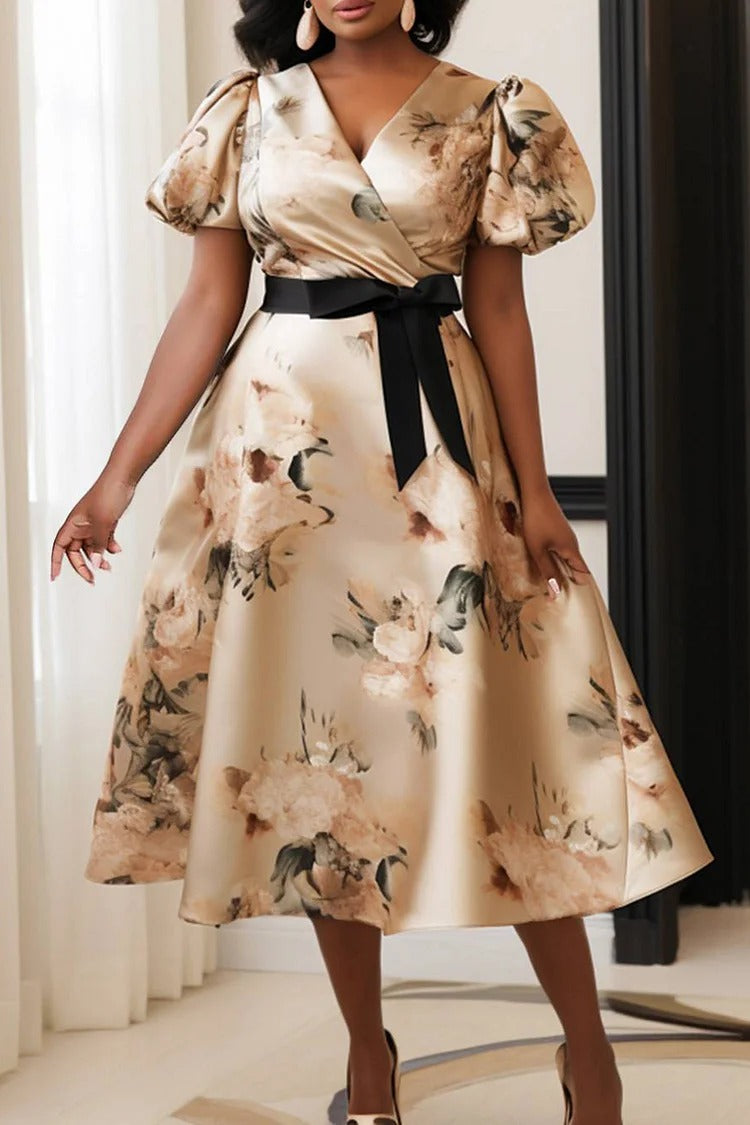 Plus Size Champagne Floral Wrap Neck Puff Sleeve Short Sleeve Bow Tie Midi Dress