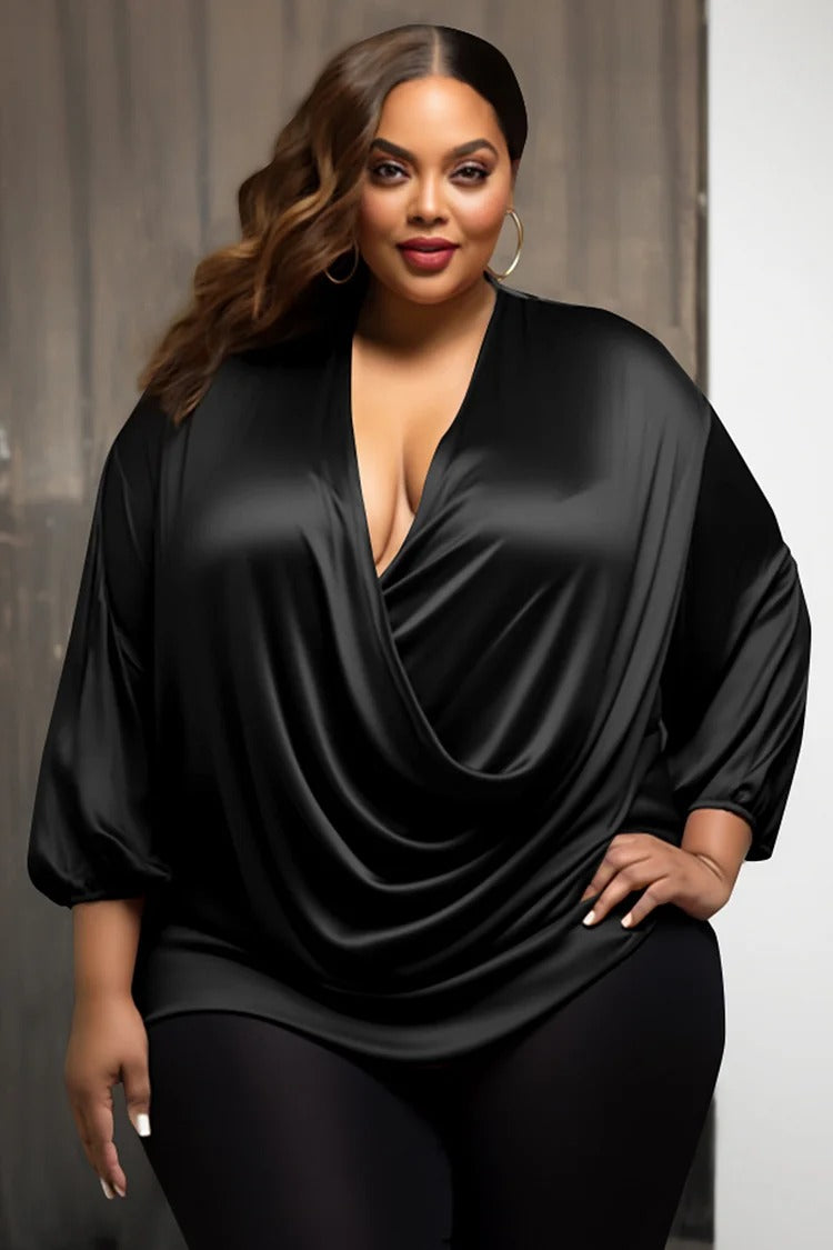 Plus Size Daily Black Cowl Neck 3/4 Sleeve Fold Satin Top