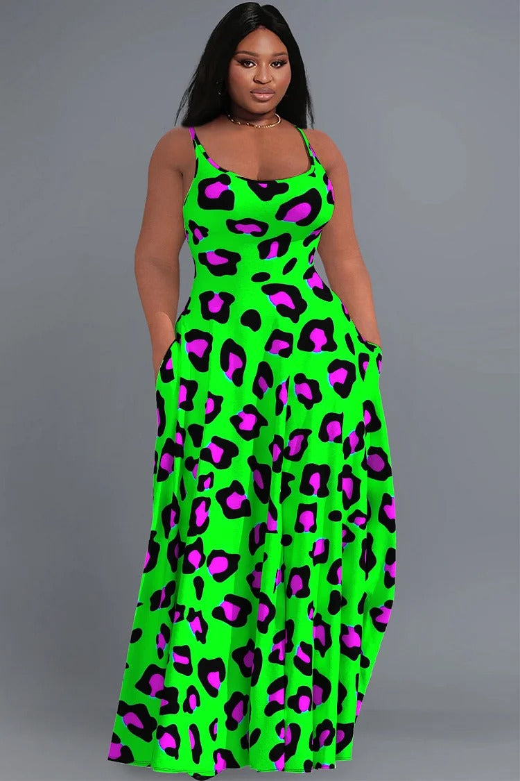 Plus Size Casual Green All Over Print U Neck Pocket Maxi Dress