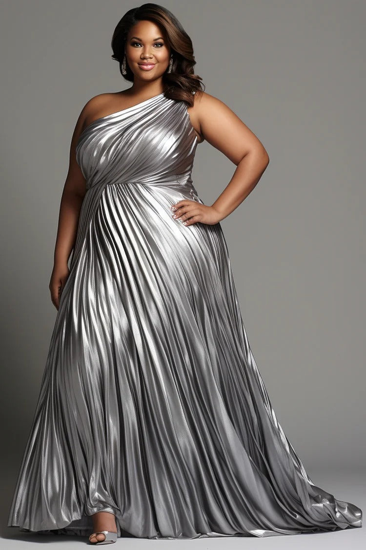 Plus Size Formal Elegant Silver Oblique Collar One Shoulder Pleated Glitter Maxi Dress