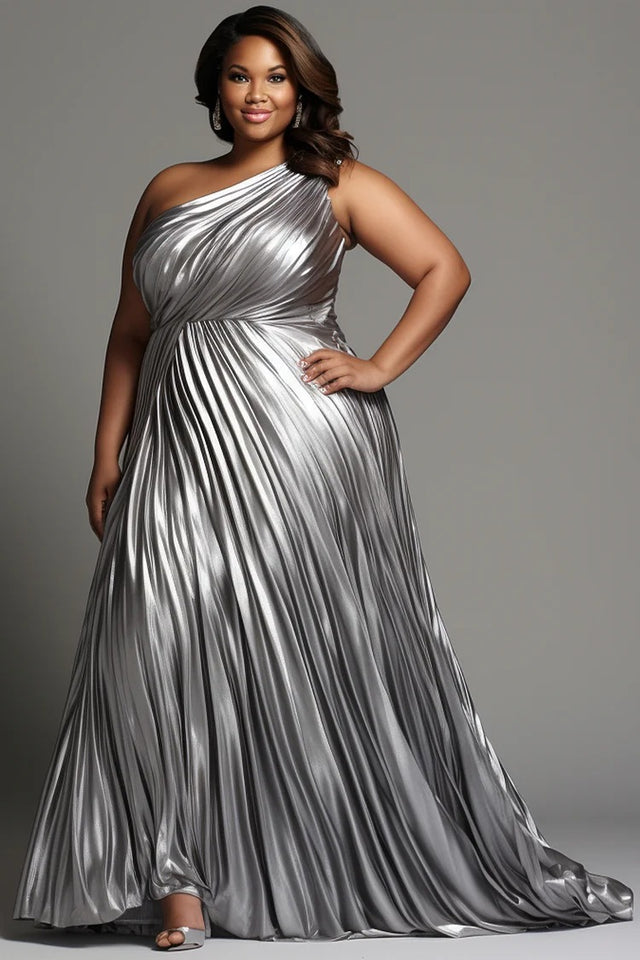 Plus Size Formal Elegant Silver Oblique Collar One Shoulder Pleated Glitter Maxi Dress Image