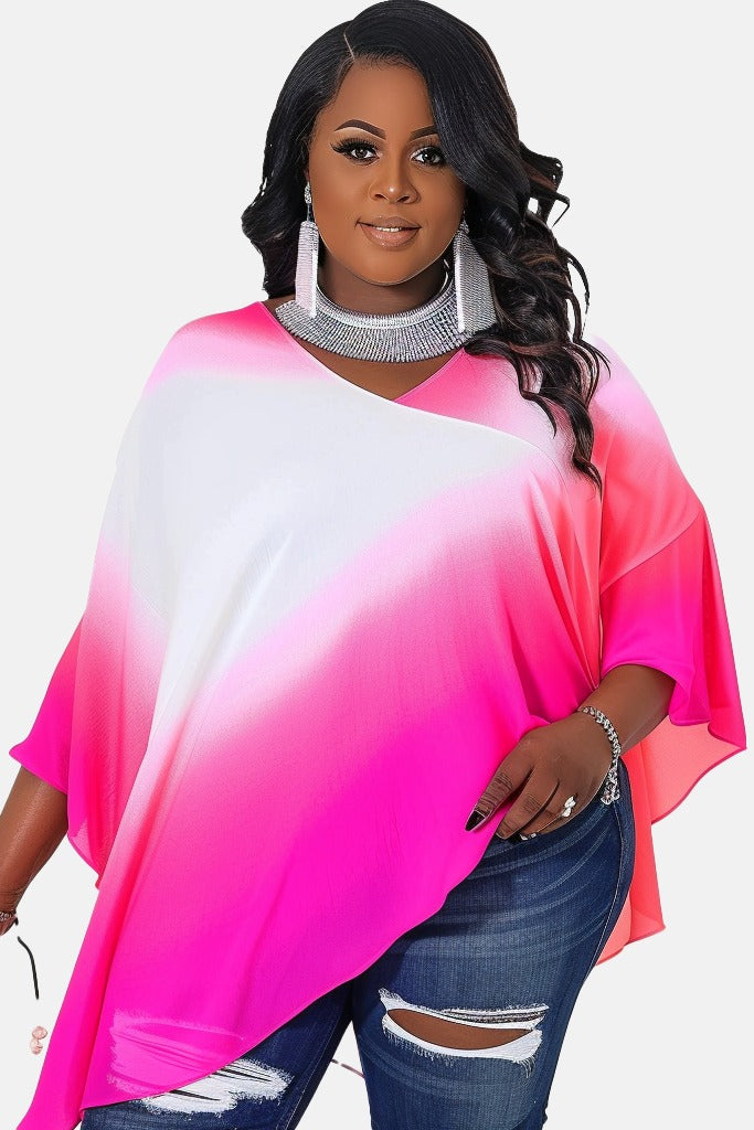 Plus Size Daily Hot Pink Gradient Wrap Neck Batwing Sleeve 3/4 Sleeve Asymmetric Hem Tops