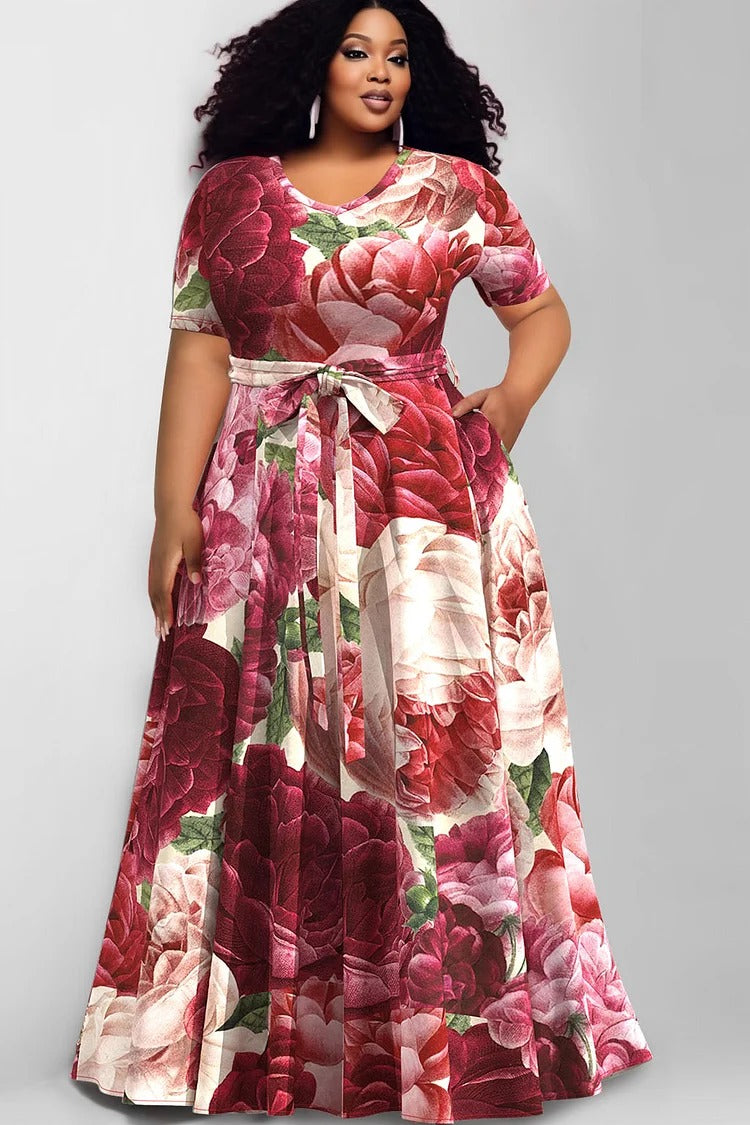 Plus Size Burgundy Daily Floral Print Short Sleeve Pocket Maxi Dress