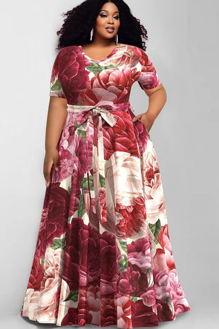 plus size burgundy floral dress Plus Size Burgundy Daily Floral Print Short Sleeve Pocket Maxi Dress