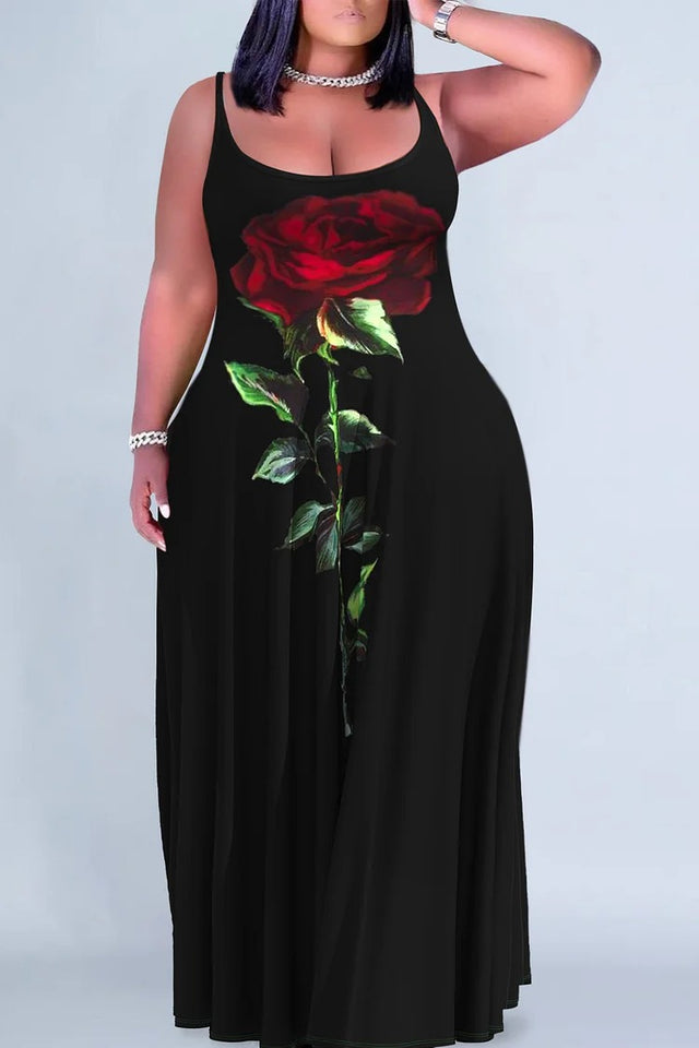 Plus Size Casual Black Floral Print U Neck Sleeveless Maxi Dress Image
