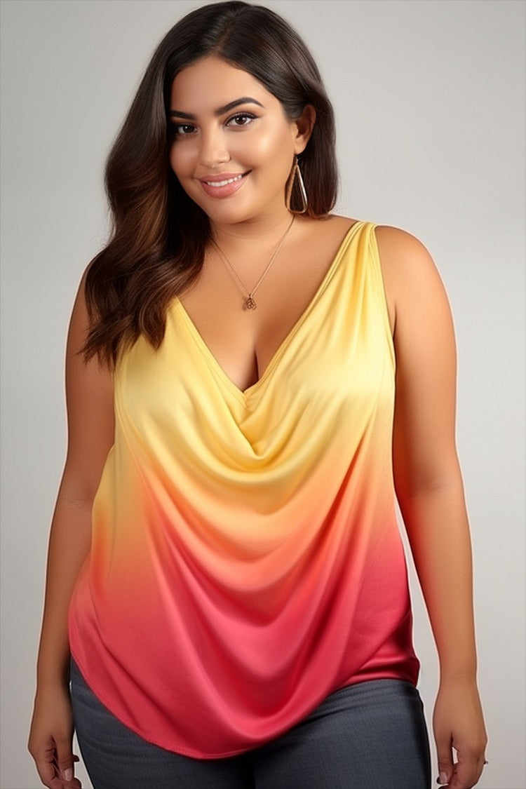 Plus Size Daily Multicolor Gradient Cowl Neck Fold Satin Tank Top