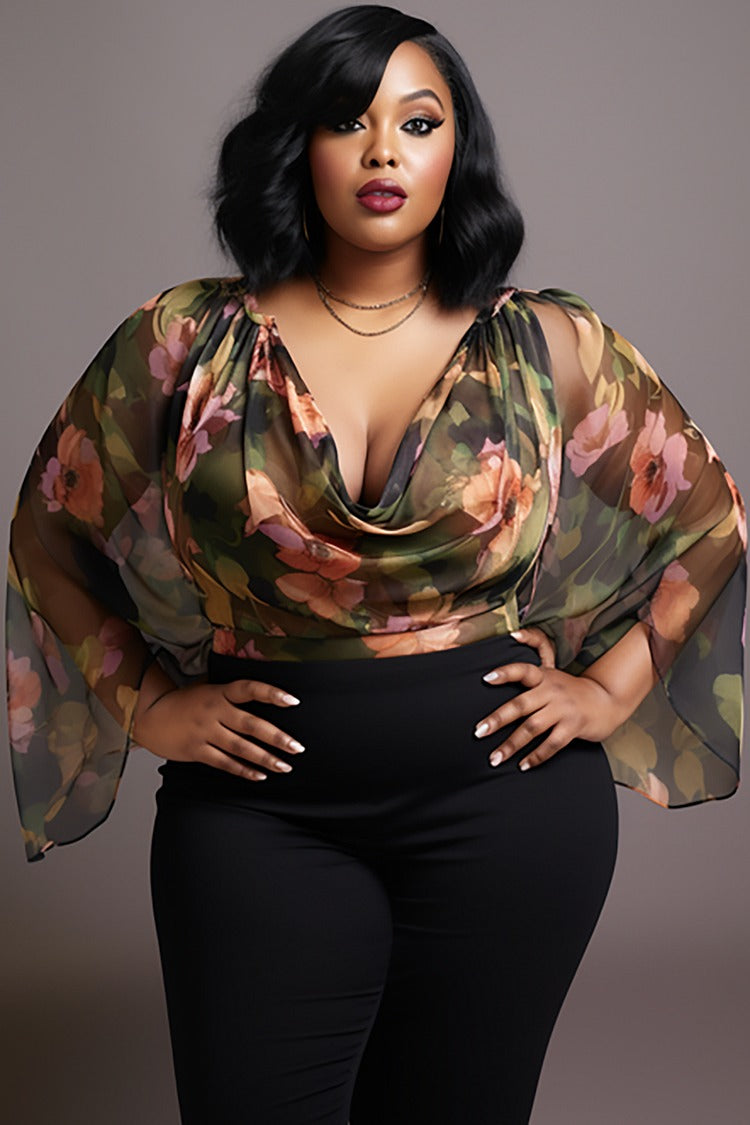 Plus Size Multicolor Floral Cowl Neck Flare See Through Blouse
