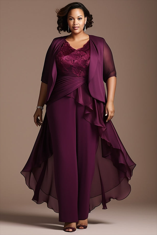 Plus Size Elegant Purple Half Sleeve Irregular Hem Knitted Two Piece Pant Set Image