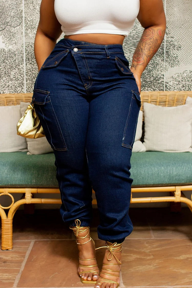 Plus Size Blue Daily Denim Asymmetric Waist With Pocket Cargo Jean