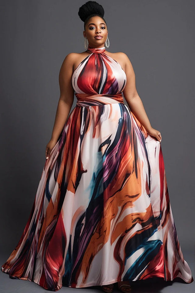 Plus Size Vacation Elegant Multicolor All Over Print Halter Collar Satin Maxi Dress Image