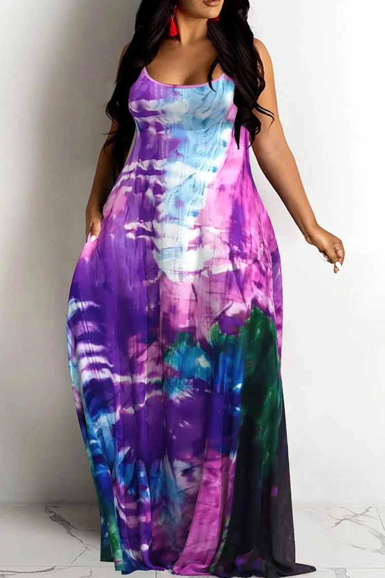 Plus Size Casual Purple Tie Dye Print U Neck Sleeveless Pocket Maxi Dress