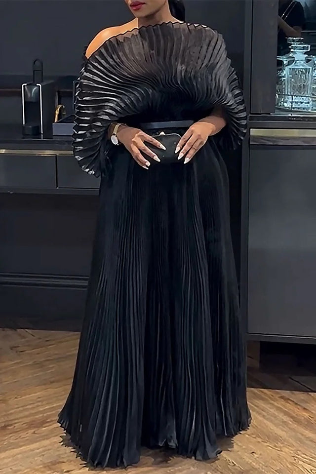 Plus Size Elegant Black Off The Shoulder Long Sleeve Pleated Satin Two Piece Skirt Set Image