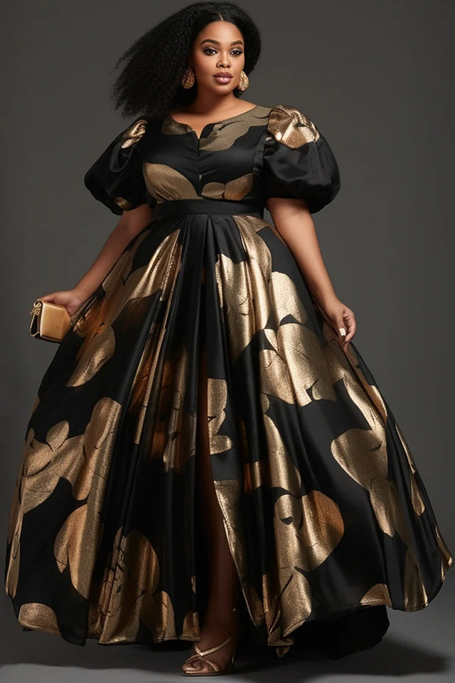 Plus Size Evening Black Round Neck Puff Sleeve Maxi Dress Image