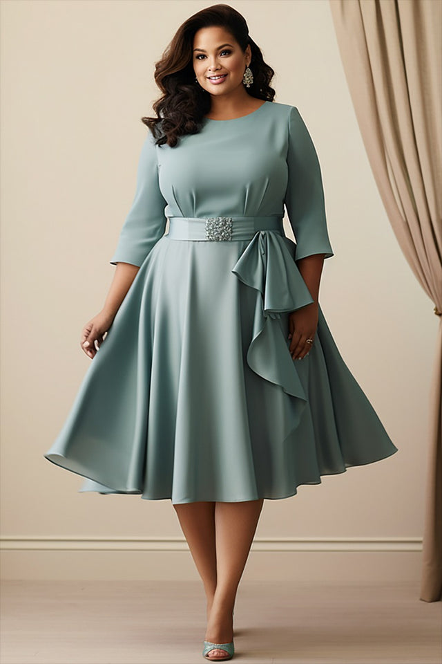 Plus Size Mother Of The Bride Green Round Neck 3/4 Sleeve Bow Tie Chiffon Midi Dress Image