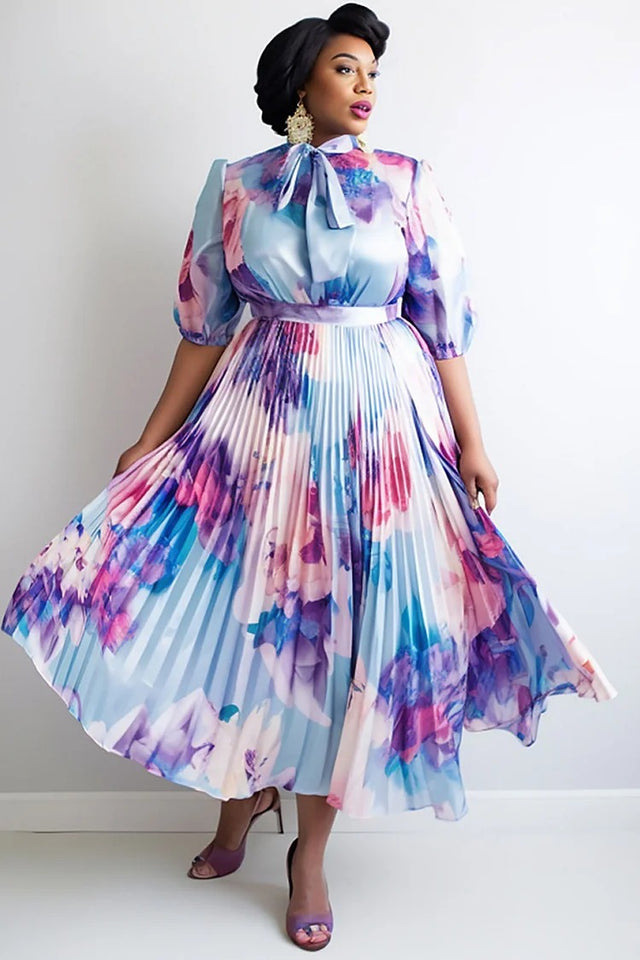 Plus Size All Over Print Lantern Sleeve Half Sleeve Pleated Bow Tie Satin Midi Dress Image