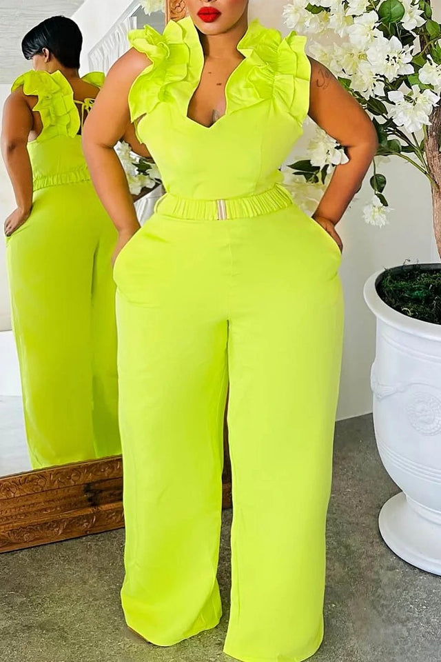 Plus Size Vacation Fluorescent Green V Neck Pocket Jumpsuit Image