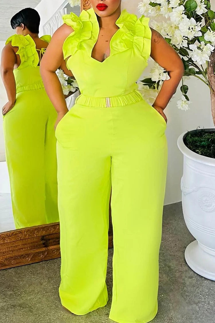 Plus Size Vacation Fluorescent Green V Neck Pocket Jumpsuit