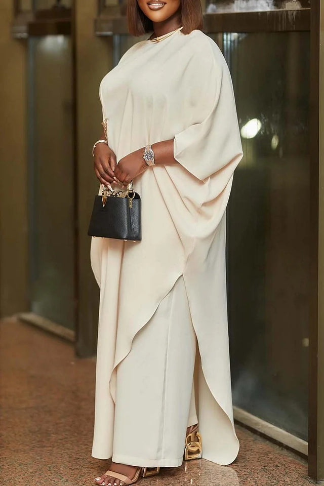 Plus Size Round Neck 3/4 Sleeve Asymmetric Hem Split Two Piece Pant Set Image
