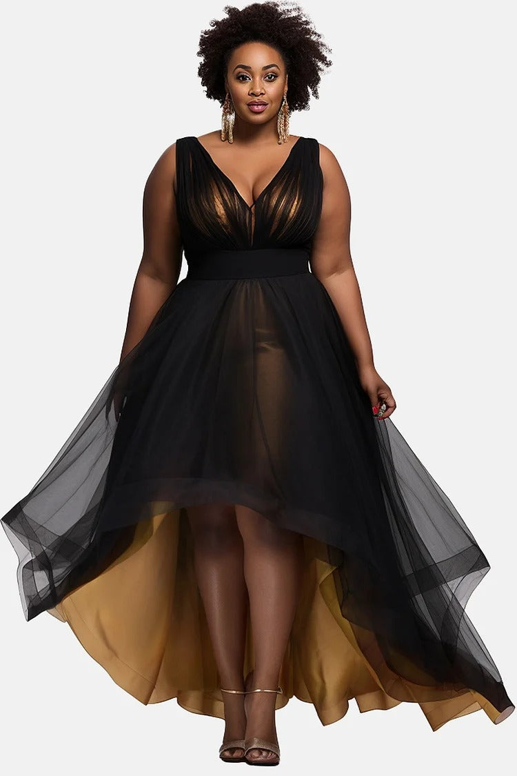 Plus Size Formal Black V Neck Asymmetric Hem Fold Tulle Midi Dress