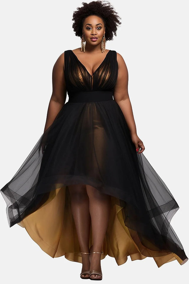 Plus Size Formal Black V Neck Asymmetric Hem Fold Tulle Midi Dress Image