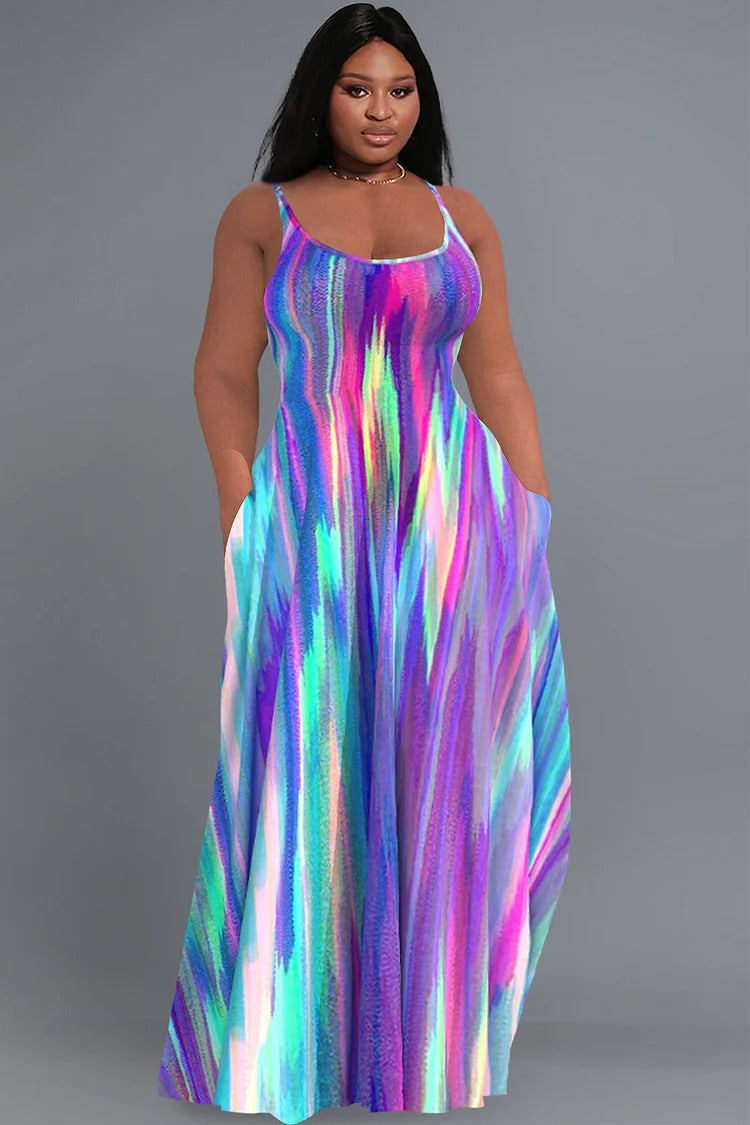 Plus Size Multicolor Gradient U Neck Sleeveless Pocket Maxi Dress