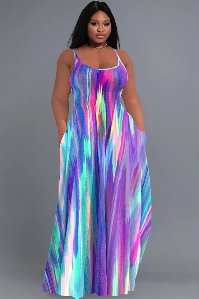 Plus Size Multicolor Gradient U Neck Sleeveless Pocket Maxi Dress Image