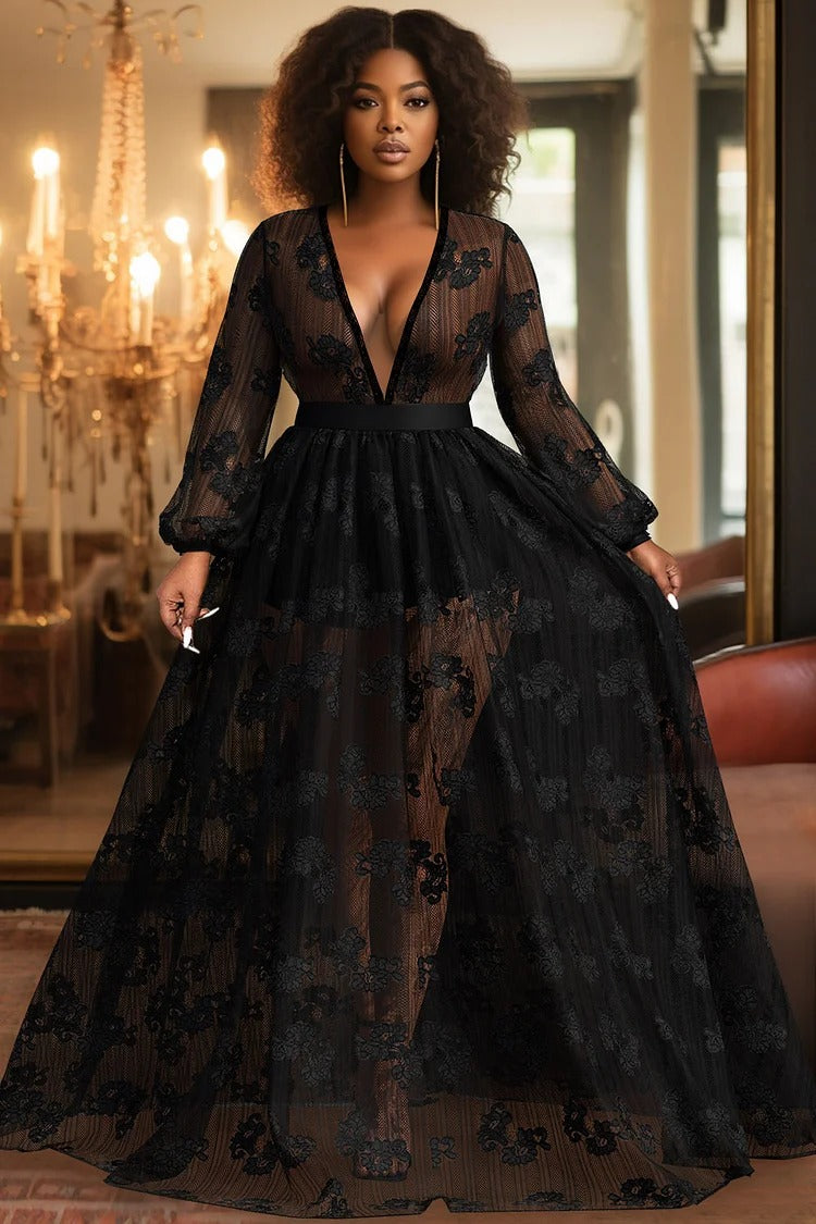 Plus Size Party Maxi Dresses Long Sleeve See-Through Lace Maxi Dress