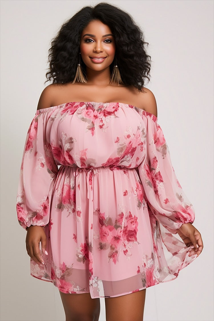 Plus Size Vacation Pink Floral Off The Shoulder Lantern Sleeve Long Sleeve Chiffon Mini Dress