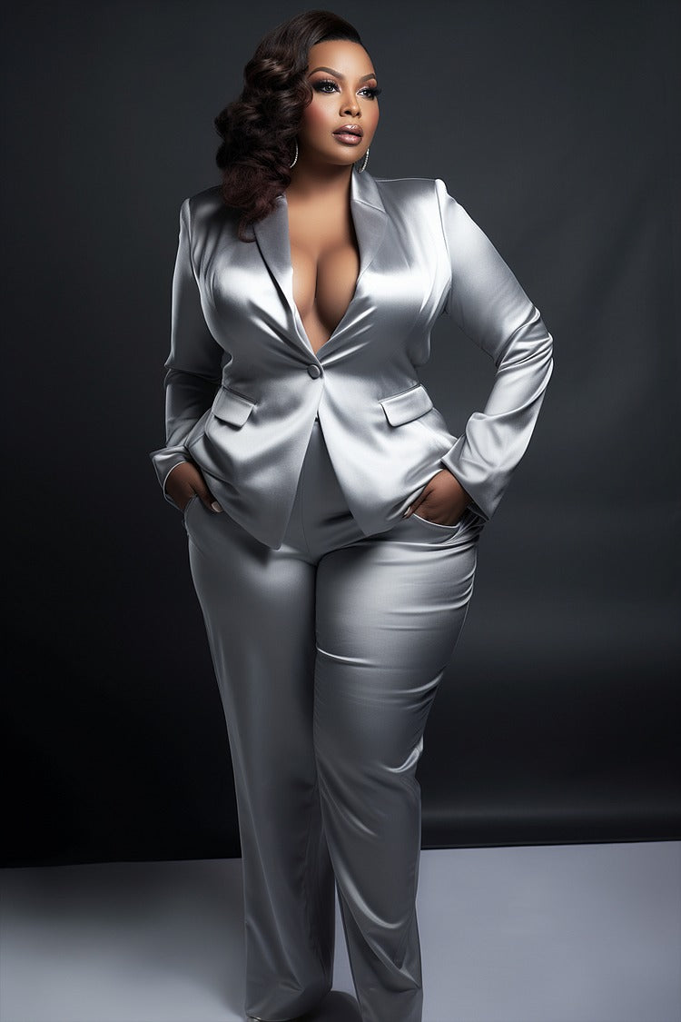 Plus Size Elegant Silver Long Sleeve Satin Blazer Suit Two Piece Pant Sets With Pocket