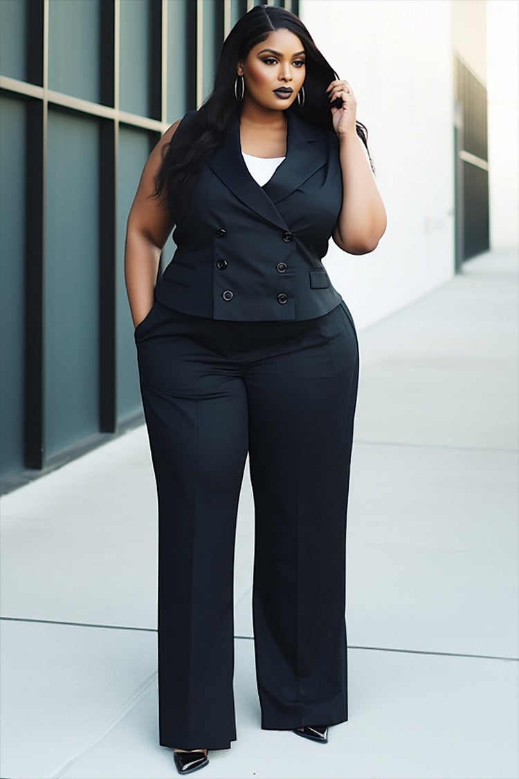 Plus Size Business Casual Black Turndown Collar Button Pocket Two Pieces Pant Suit