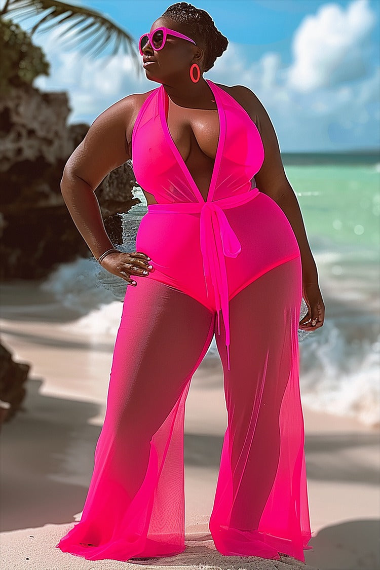 Plus Size Vacation Fluorescent Pink Halter Collar Wide Leg Mesh See-Through Jumpsuit