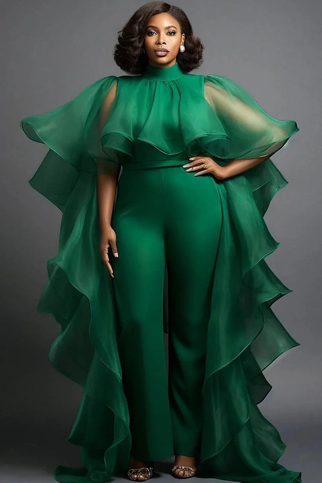 Plus Size Formal Elegant Green Spring Summer Mock Neck Cape Sleeve Half Sleeve Ruffle Flounce Jumpsuit Image