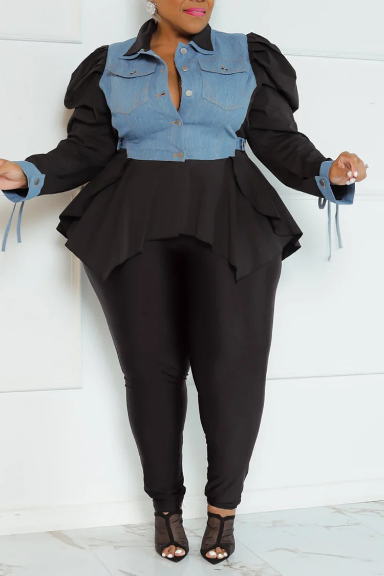 Plus Size Casual Blue Stitching Puff Sleeve Two Pieces Pants Set