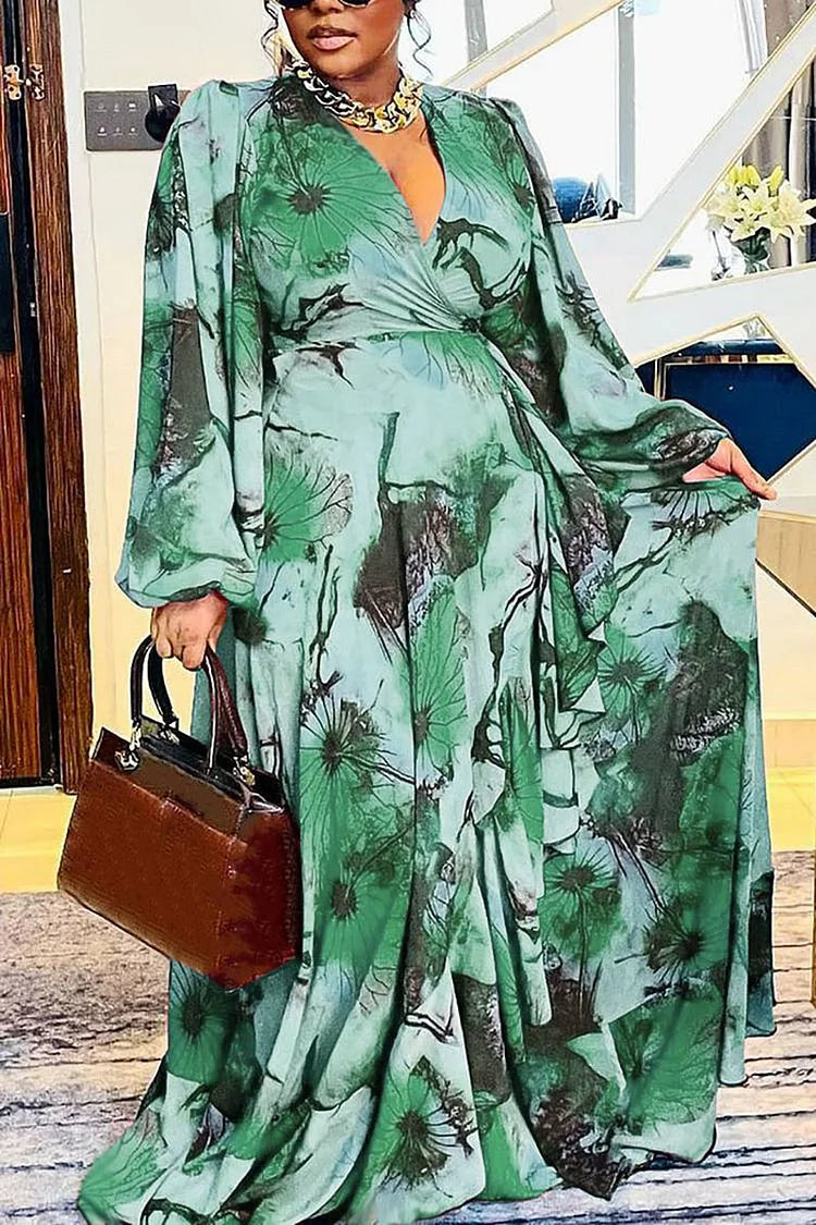 Plus Size Green Vacation Floral Print Ballon Sleeve Maxi Dress