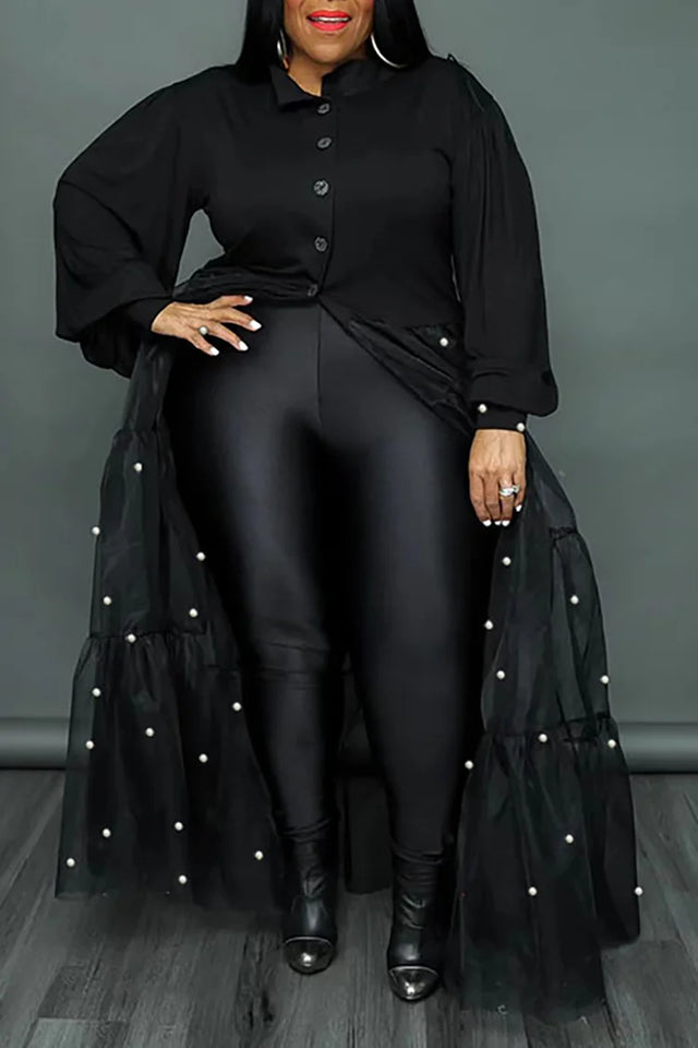 Plus Size Casual Black Mesh Patchwork Pearl Shirt Skirt Long Sleeve With Button Blouse With Skirt Image