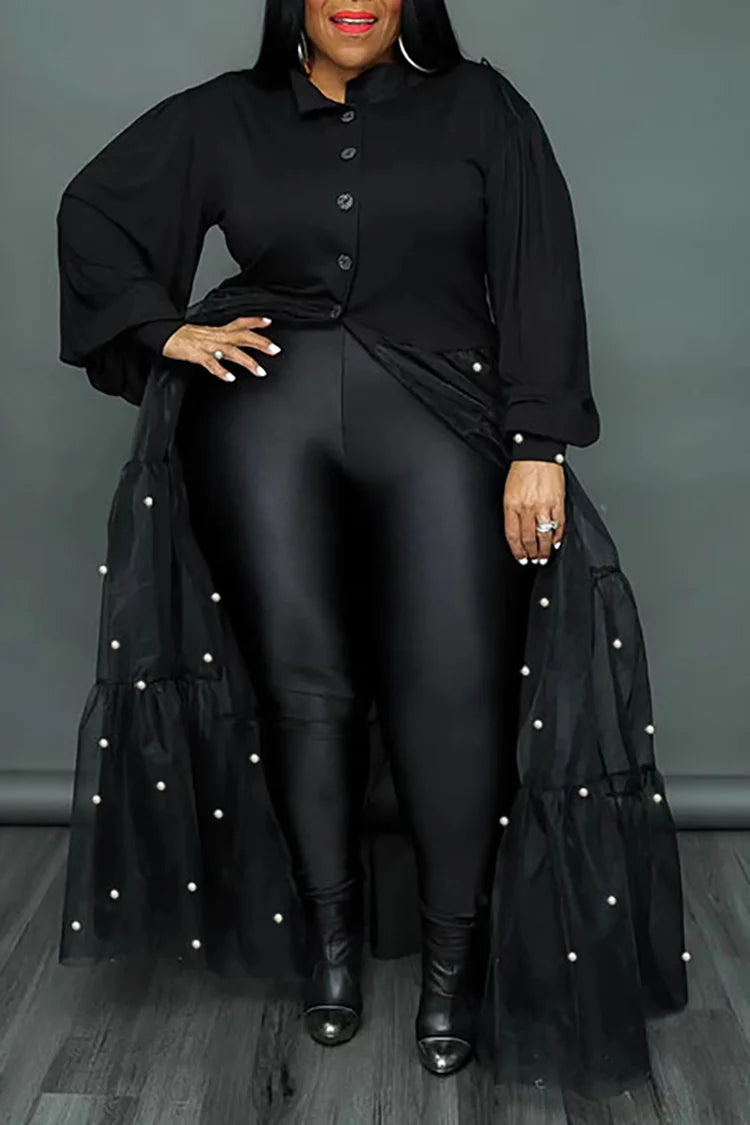 Plus Size Casual Black Mesh Patchwork Pearl Shirt Skirt Long Sleeve With Button Blouse With Skirt
