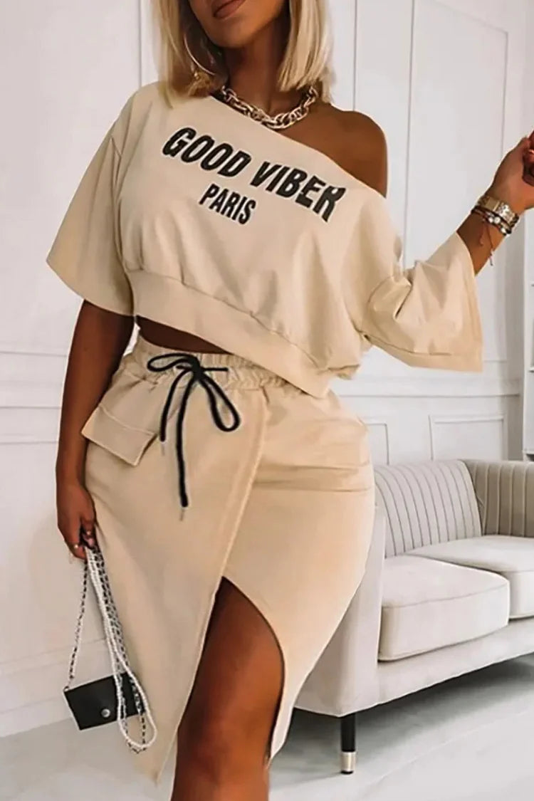 Plus Size Khaki Daily Letter Print Side Slit Mid-Sleeves Two Pieces Skirt Set
