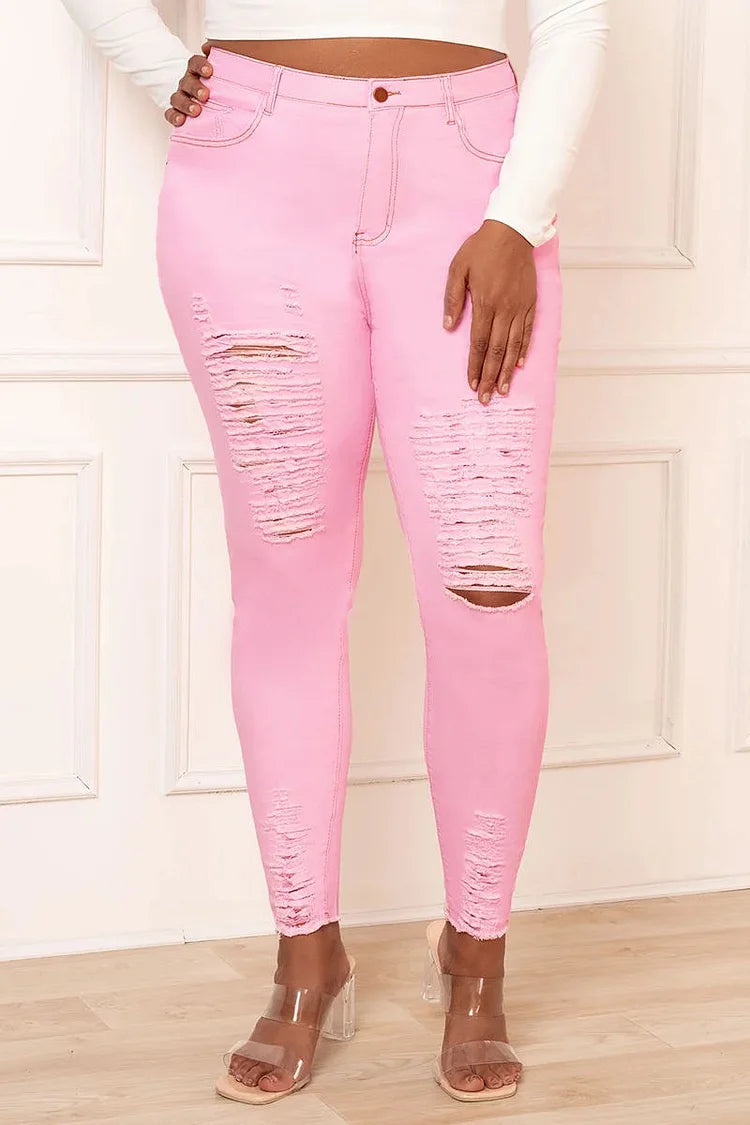 Plus Size Casual Pink Tight Ripped Tassel Distressed Jeans
