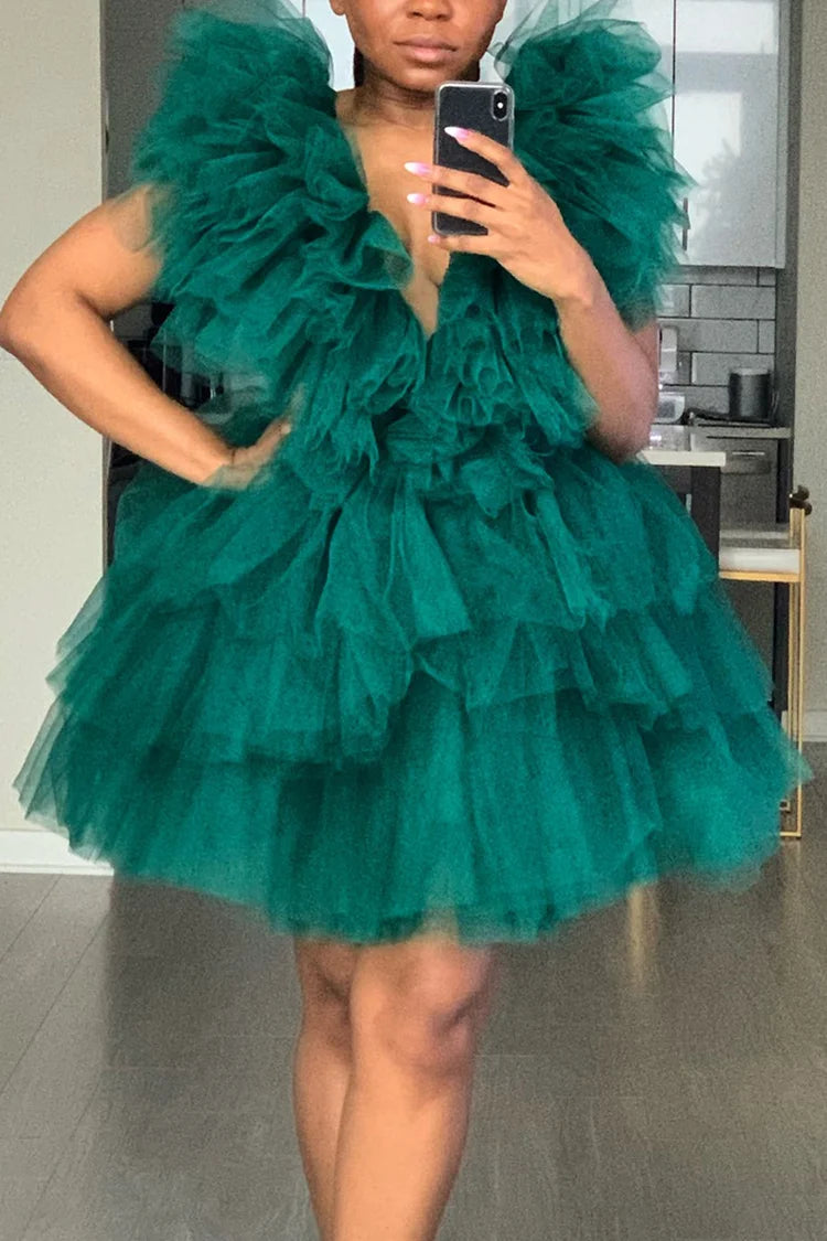 Xpluswear Plus Size Green Prom Cute V Neck Ruffle Sleeve Mesh Overlay Mini Dress