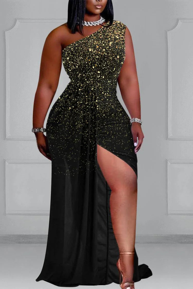 Xpluswear Plus Size Black Glitter Print Formal Elegant One Shoulder Ruched High Slit Maxi Dress
