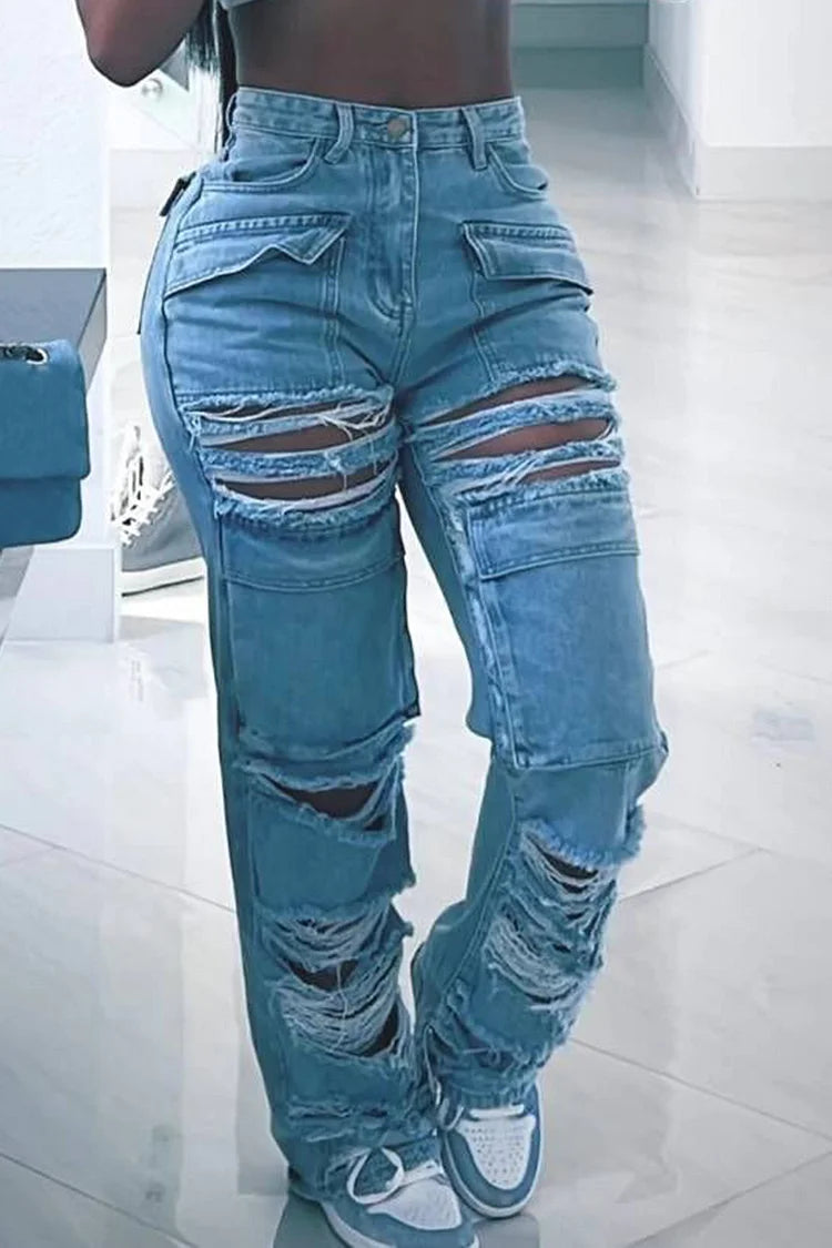 Plus Size Blue Casual Ripped Straight Leg Distressed Denim Jeans
