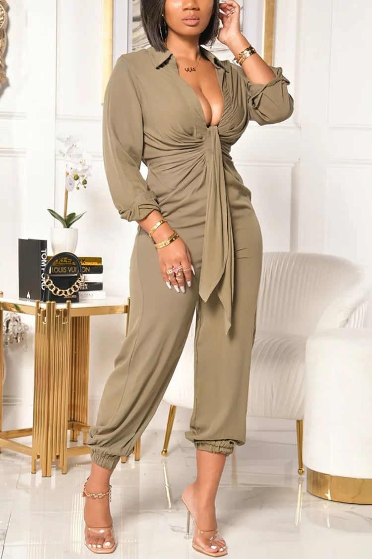 Plus Size Khaki V Neck Lace Up Long Sleeve Casual Jumpsuits