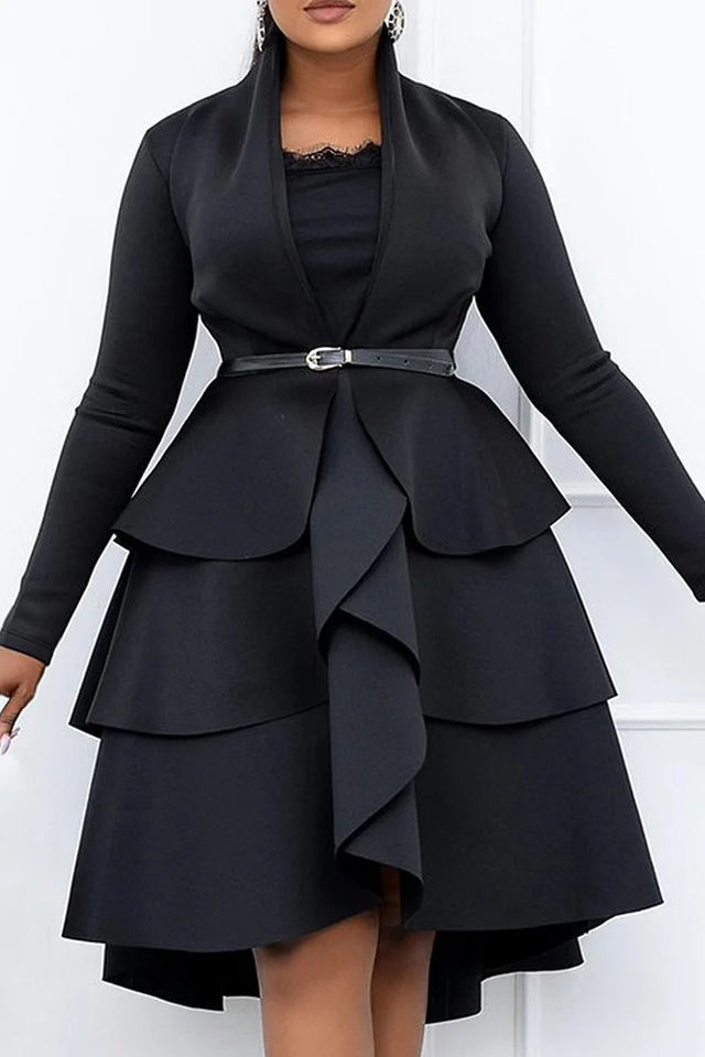 Plus Size Formal Black Ruffle Stand Collar Long Sleeve With Belt Midi Dress(With Belt) Image