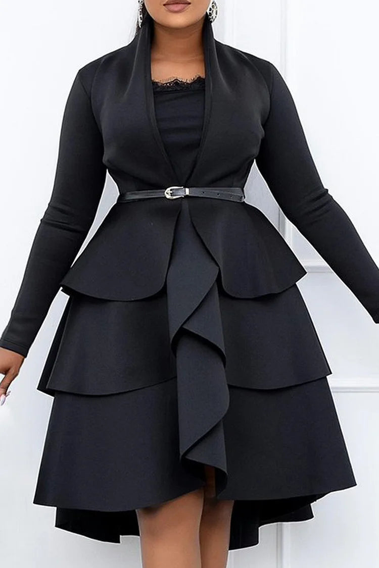 Plus Size Formal Black Ruffle Stand Collar Long Sleeve With Belt Midi Dress(With Belt)