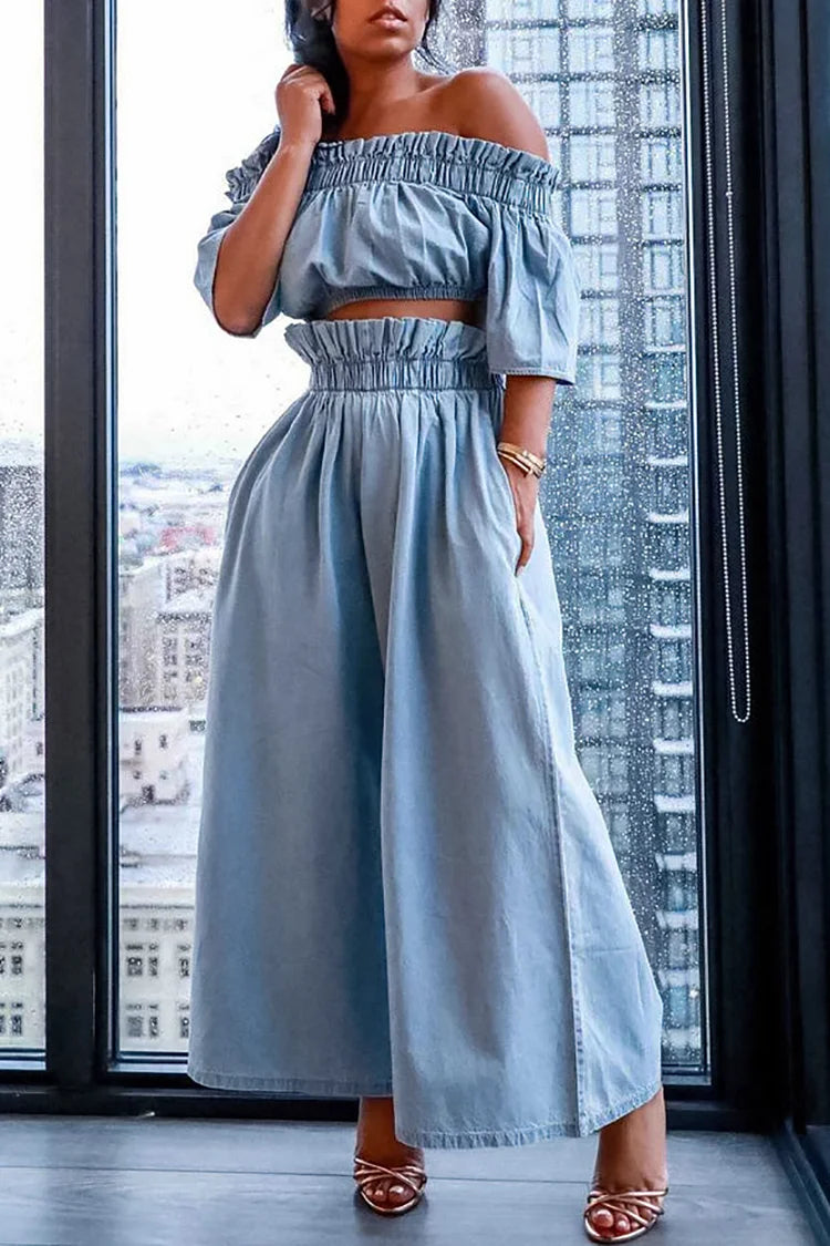 Plus Size Light Blue Daily Ruffle Off Shoulder Wide Leg Two Pieces Pants Set